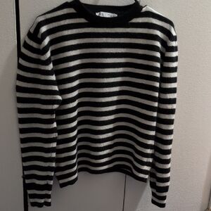 Zara Black and White Striped Crew Neck Sweater